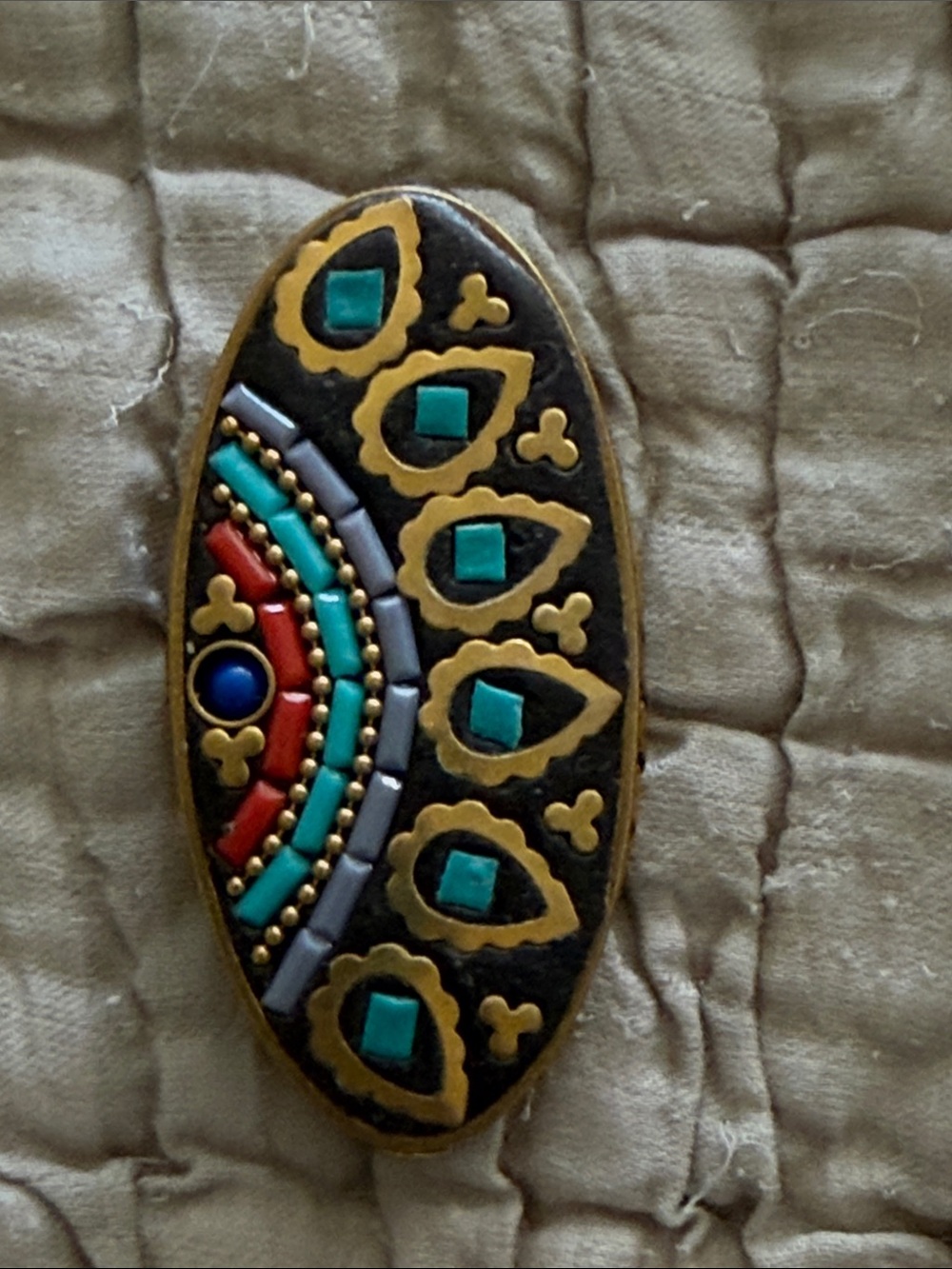 Mosaic bead turquoise coral lapis inlaid large brass intricate piece detail